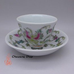 Jingdezhen Vintage Hand Painted Tea Cup and Saucer Set "Butterfly and Melon- White"