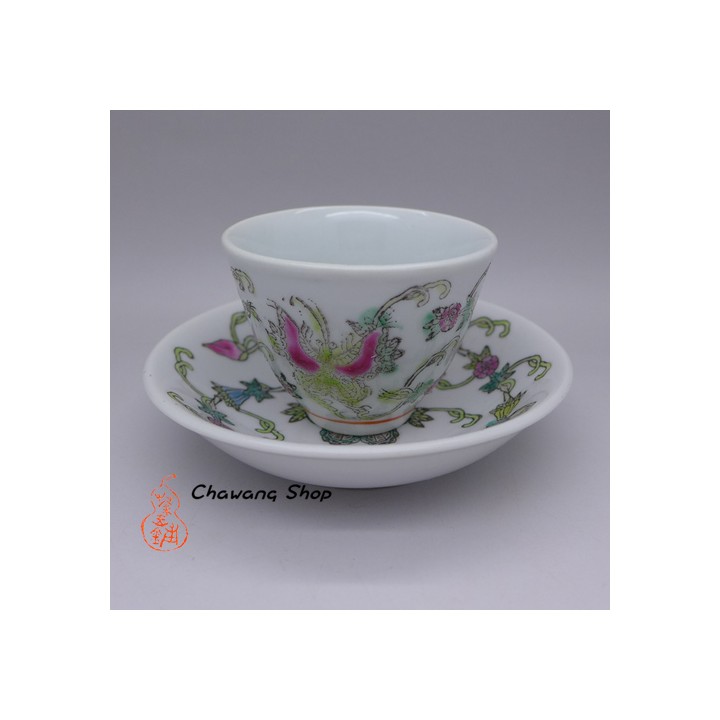 Jingdezhen Vintage Hand Painted Tea Cup and Saucer Set "Butterfly and Melon- White"