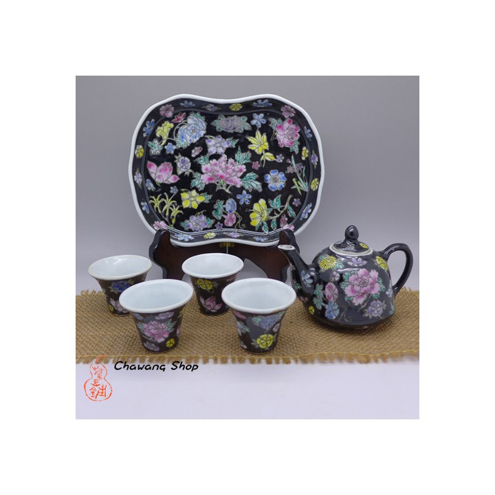 Jingdezhen Vintage Hand Painted Six-piece Tea Set "Black Wan Hua"