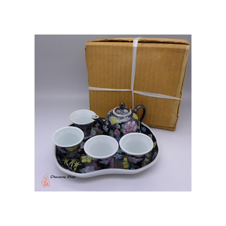 Jingdezhen Vintage Hand Painted Six-piece Tea Set "Black Wan Hua"