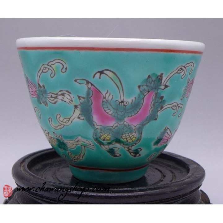 Jingdezhen Vintage Hand Painted Tea Cup "Butterfly and Melon - Green" 90cc