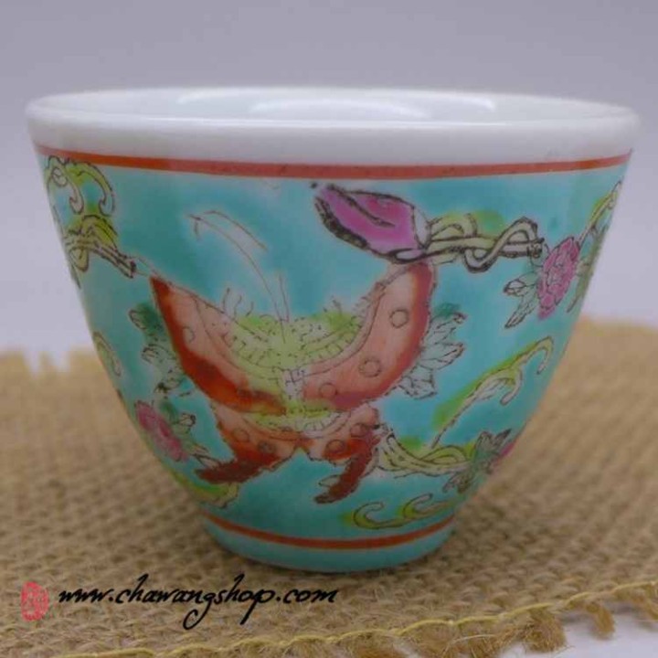 Jingdezhen Vintage Hand Painted Tea Cup "Butterfly and Melon - Green" 50cc