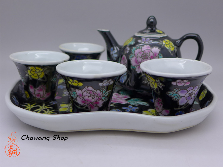 Jingdezhen Vintage Hand Painted Six-piece Tea Set Black Wan Hua