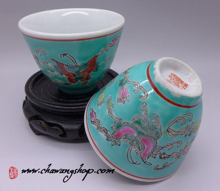 Jingdezhen Vintage Hand Painted Tea Cup Butterfly and Melon - Green 90cc