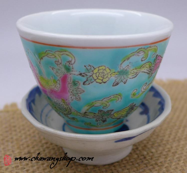 Jingdezhen Vintage Hand Painted Tea Cup Butterfly and Melon Green 50cc