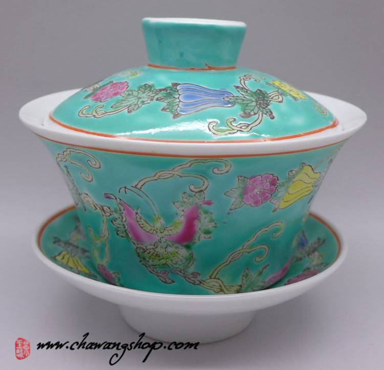 Jingdezhen Vintage Hand Painted Gaiwan Butterfly and Melon - Green 160cc