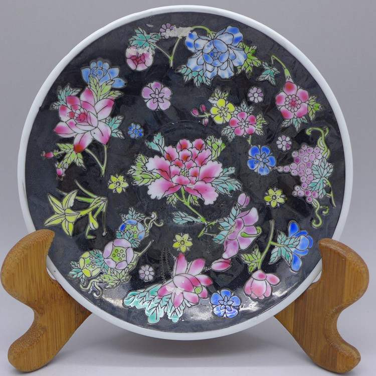 Jingdezhen Vintage Hand Painted Tea Plate Black Wan Hua
