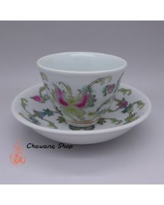 Jingdezhen Vintage Hand Painted Tea Cup and Saucer Set "Butterfly and Melon- White"