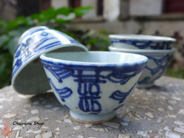 Vintage Blue And White "Double Happiness" Cups